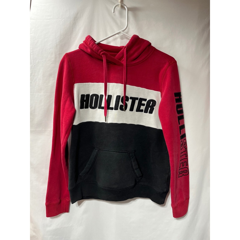 Hollister California Mens Small Colorblock Hoodie Red White Black Logo Sweatshir